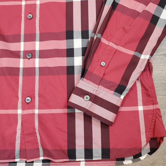 Burberry London Red Check Stretch Button Down Longsleeve Shirt M Cotton Luxury - Picture 6 of 12